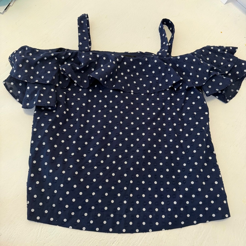J.Crew Navy Blue Polka Dot Cold Shoulder Ruffle Top Size 6